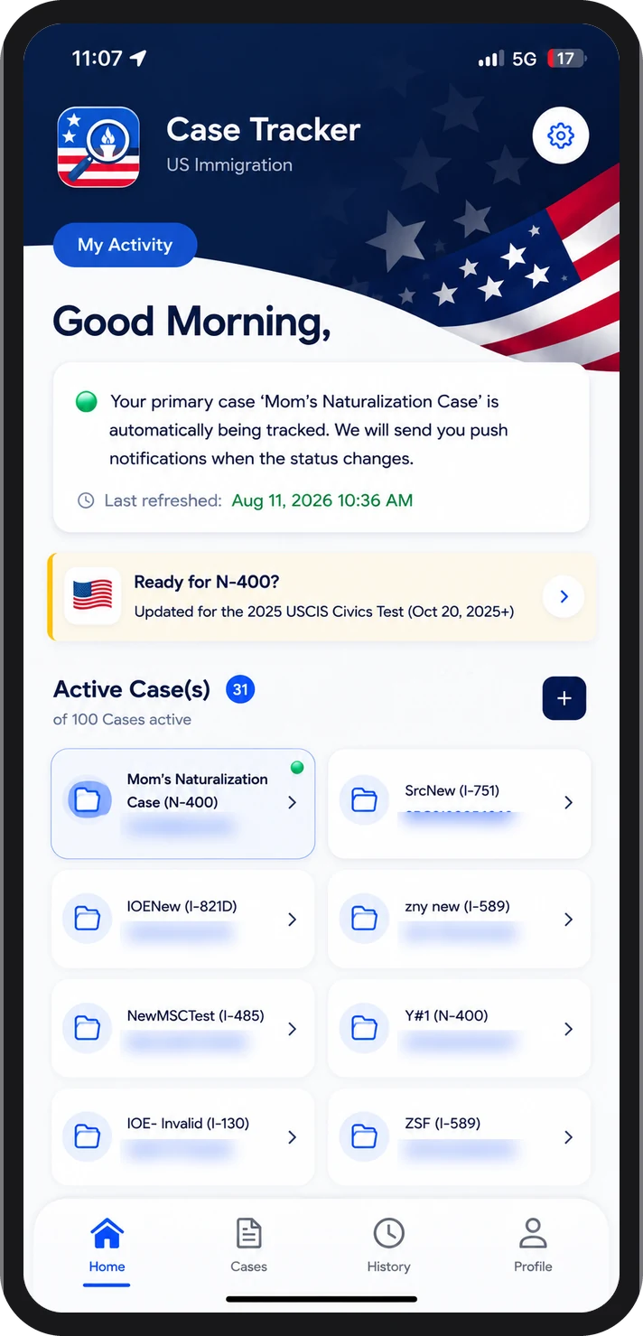 Case Tracker: US Immigration on iPhone, listing tracked USCIS cases by form type with status indicators and a next-status alert.